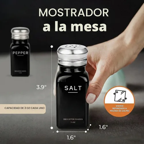 Vista 3 de Brighter Barns - Juego de saleros y pimenteros negros – Moderno salero de cristal con tapas de acero inoxidable – Decoración neutra de cocina