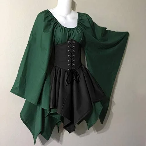 Vista 5 de Vestido medieval élfico irlandés tradicional para mujer, falda de corsé gótico victoriano renacentista (verde y negro, talla S), Verde y negro