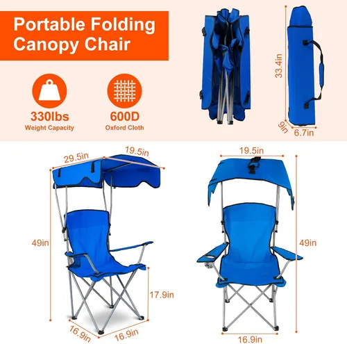 Vista 3 de Silla plegable de playa, silla de campamento, campamento de pesca, silla de césped al aire libre, protección solar, carga de 330 libras, toldo