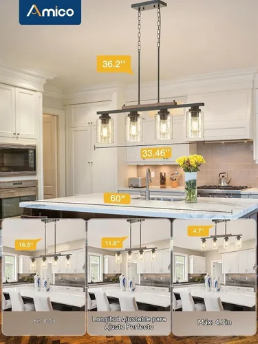 Vista 6 de Amico Lámpara de Comedor de 4 Luces para Isla de Cocina con Varillas Ajustables, Candelabro de Decoración Rústica de Metal Negro y Madera
