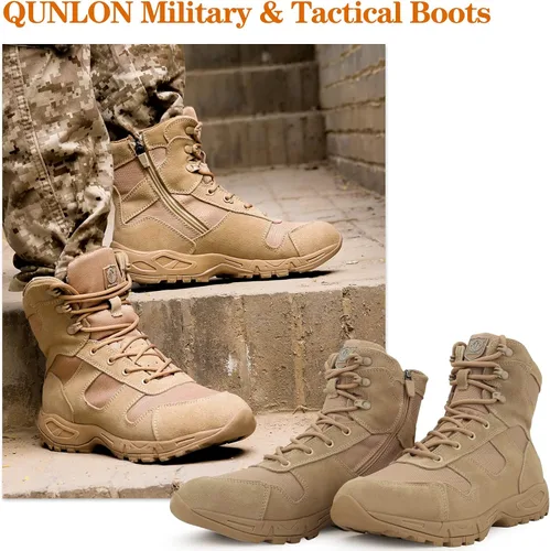 Vista 5 de QUNLON Botas tácticas militares para hombre, botas de combate transpirables, botas de trabajo militares de 8 pulgadas, con cremallera lateral, botas