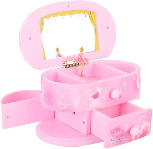 Vista 2 de Omabeta Joyero de bailarina rosa joyero con temática de ballet pequeño organizador de almacenamiento de joyas musicales con música caja