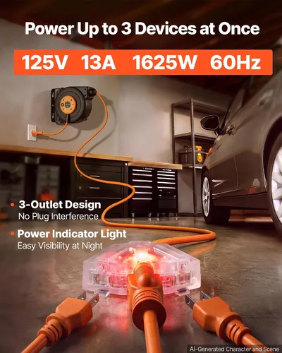 Vista 74 de VEVOR Carrete de cable de extensión retráctil de 25 pies resistente 14AWG Rojo