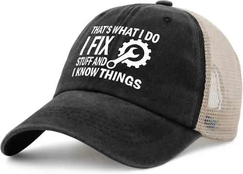 Vista 2 de Sombrero con texto en inglés "I Fix Stuff and I Know Things, para hombre, diseño de cosas geniales