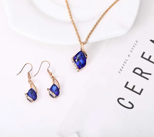 Vista 4 de Ezing Colgante de cristal de las mujeres chapado en oro collar de cadena pendiente conjunto de joyería