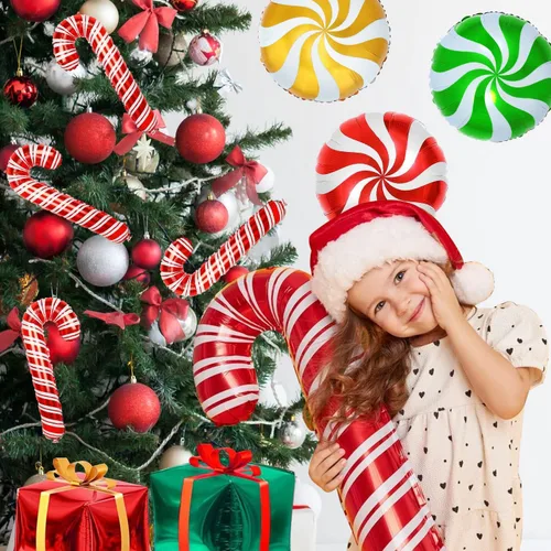 Vista 5 de 28 globos de papel de aluminio de Navidad de bastón de caramelo con cintas, globos de Mylar para decoración de fiestas