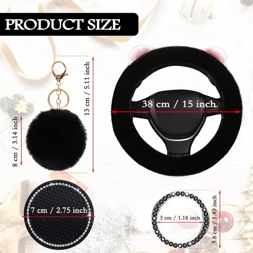 Vista 5 de 1 juego de 6 fundas esponjosas para volante para mujeres y niñas, incluye funda de volante de piel suave, posavasos de automóvil, llavero de felpa