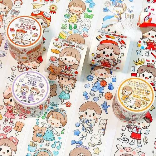Vista 6 de Kawaii Art Washi Tape - Linda cinta adhesiva para escuela, suministros de oficina, estética, caricaturas, juego de cinta adhesiva decorativa
