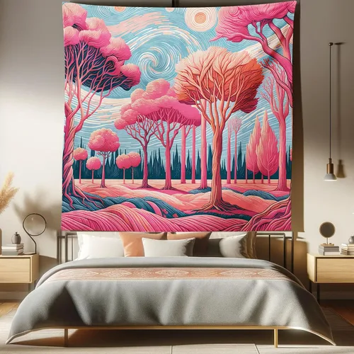 Vista 175 de Ambesonne Tapiz verde, fases lunares alrededor de un árbol de la vida, impresión de diseño bohemio de astrología nocturna, decoración de tela