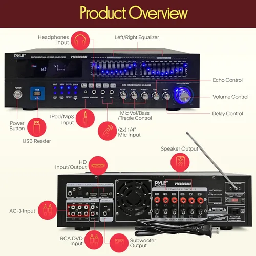 Vista 2 de [Usado] Pyle - Amplificador híbrido Bluetooth para el hogar - Receptor de amplificador de potencia estéreo de montaje en rack de 6 canales, 2000 W