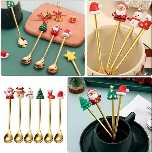 Vista 8 de Upkoch Juego de cucharas de Navidad, cucharas de café de Navidad, cucharadita de café de postre de acero inoxidable, vajilla de fiesta