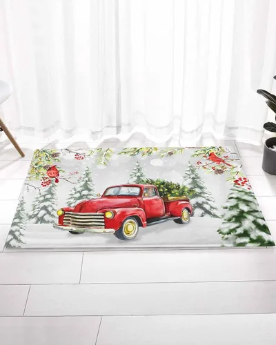 Vista 2 de Alfombra de baño esponjosa para camión rojo, cardenal de Navidad, antideslizante, alfombra suave para piso, árbol de Navidad, conos de pino, nieve