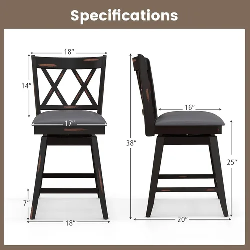 Vista 3 de COSTWAY Juego de 2 Taburetes de Bar para Isla de Cocina, Silla de Altura de Mostrador de 25 Pulgadas con Respaldo Ergonómico, Reposapiés, Superficie