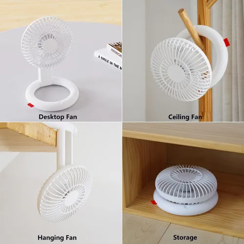 Vista 2 de Ventilador de escritorio plegable, ventilador de techo recargable USB con base de anillo, mini ventilador portátil silencioso de mesa