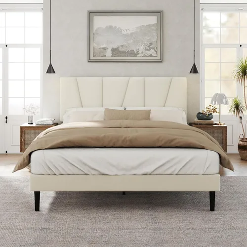 Vista 7 de HAOARA Marco de cama tamaño completo con cabecera tapizada en tela, cama plataforma con soporte de listones de madera, base de colchón completa