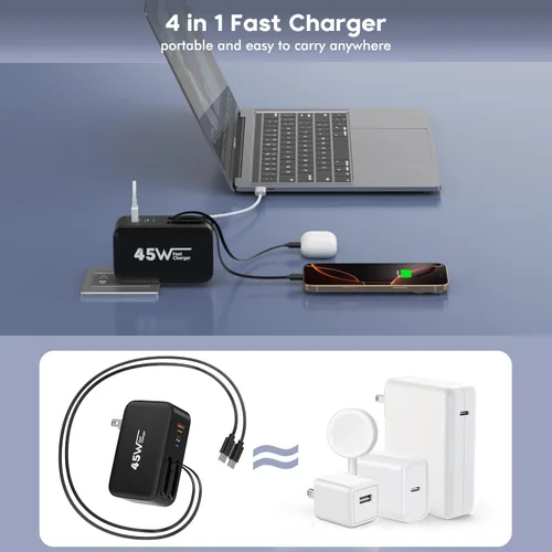 Vista 6 de Cargador de pared retráctil 4 en 1, enchufe de cable USB C doble, cargador USB C de 45 W, cargador retráctil rápido para iPhone, bloque plegable