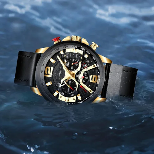 Vista 5 de Reloj de pulsera analógico de cuarzo para hombre, cronógrafo, impermeable, correa de cuero, correa de cuero, reloj de pulsera