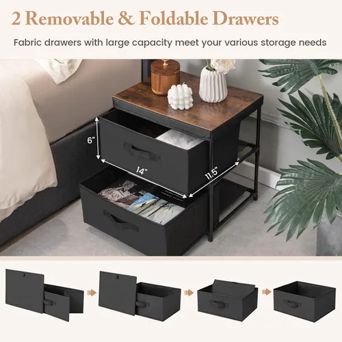 Vista 4 de GOFLAME Cómoda de tela con 2 cajones, mesita de noche para dormitorio, mesita de noche con contenedores y asas de tela extraíbles, mesa auxiliar