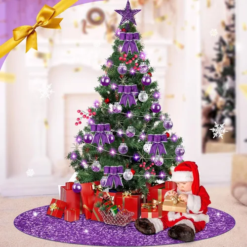Vista 5 de Hiboom Juego de 48 piezas de decoraciones de árbol de Navidad morado, estrella de purpurina, topper de árbol con lentejuelas, falda de árbol