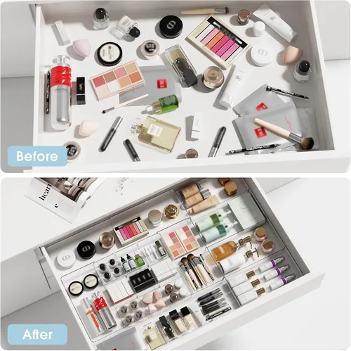 Vista 5 de Organizador de cajones expandible, ancho (10.6"-20.1") profundidad (11"-20.1"), organizador de cajones de maquillaje transparente con 6 divisores