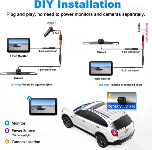 Vista 2 de ZEROXCLUB Kit de cámara de respaldo con cable con monitor de 7 pulgadas, pantalla HD 1080P para automóvil, camioneta, SUV, furgoneta, RV, visión