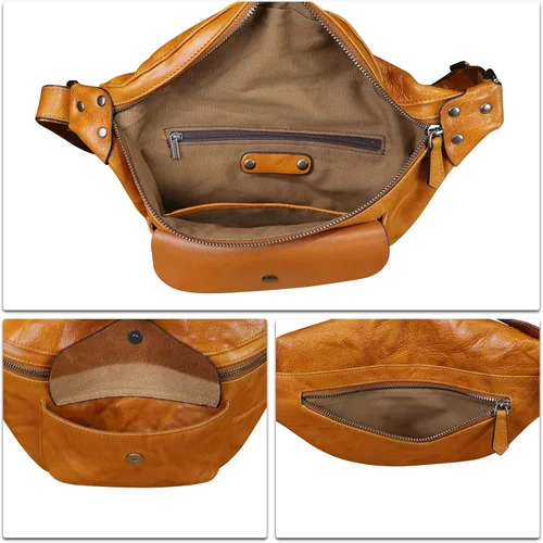 Vista 7 de Riñonera de cuero genuino para mujeres y hombres, bolso cruzado de cuero real vintage, bolso cruzado de moda para la cintura