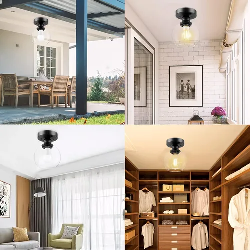 Vista 9 de Glass Semi Flush Mount Ceiling Light, Industrial Porch Light Fixtures, Matte Black Base with 6“ Clear Glass Shade, Bright Close to Ceiling Light for