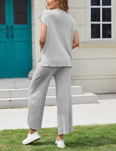 Vista 6 de VATEAMI Conjunto de 2 piezas de suéter de punto para mujer, sin botones, pantalones de pierna ancha y cintura alta