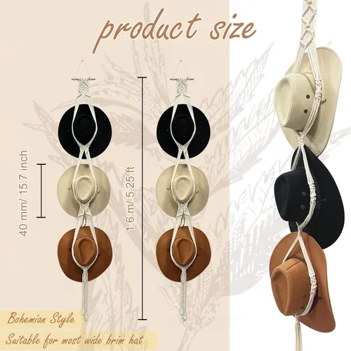 Vista 3 de Gute Colgador de macramé bohemio para colgar en la pared, organizador tejido con capacidad de 3 sombreros para sombrero de ala ancha, Fedoras