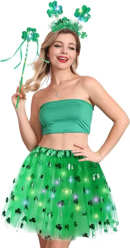 Vista 2 de DRESBE Juego de disfraz del Día de San Patricio, diadema de trébol LED verde, falda de palo de hada iluminada, traje de festival irlandés