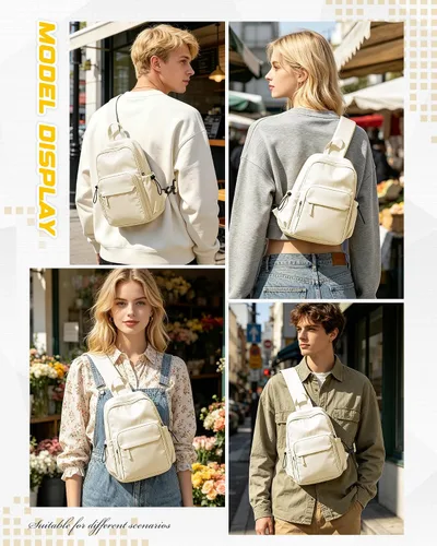 Vista 3 de SEAFEW Small Beige Sling Backpack Travel Hiking Daypack, Crossbody Sling Bag with USB Charging Port for Men Women 3 Layer Pockets One Shoulder Bag