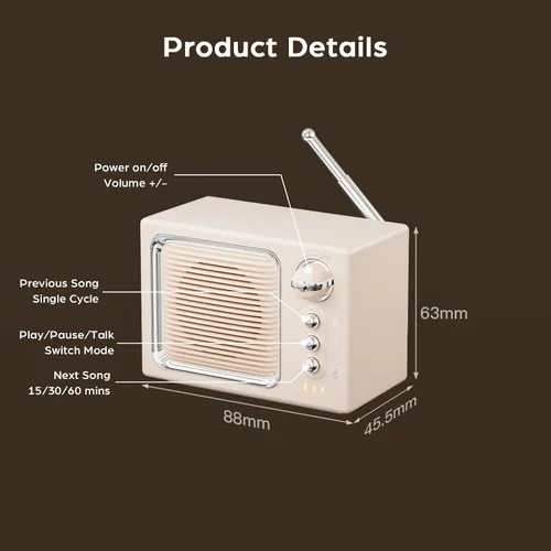 Vista 8 de Altavoz Bluetooth retro, mini altavoz Bluetooth inalámbrico portátil vintage con sonido de ruido blanco, sonido fuerte de 5 W, llamadas manos Beige