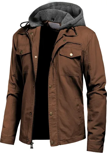 Vista 23 de Pursky Chaqueta de lona de algodón militar casual para hombre con capucha desmontable