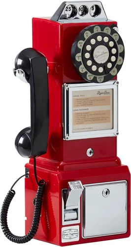 Vista 10 de Ryan Bros. Teléfono de pago retro americano de los 1950 con banco de monedas, teléfono fijo de pared con cable (negro)