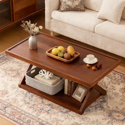 Vista 9 de BECHAEO Mesa auxiliar de roble macizo para sala de estar, mesa auxiliar de madera de 2 niveles con estante de almacenamiento, mesa central moderna