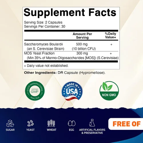 Vista 2 de Vitamatic Saccharomyces Boulardii Probiotic 10B por porción + extracto de levadura (fracción de levadura MOS) 300 mg - 60 cápsulas DR - Fabricado