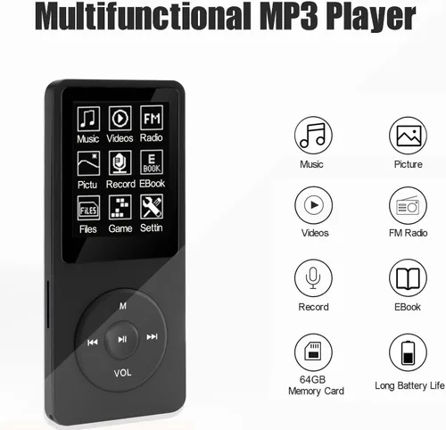 Vista 5 de Reproductor de MP3 de 64 GB con altavoz, auriculares, reproductor de música portátil para niños, soporte para grabación de voz, imagen, video, libro