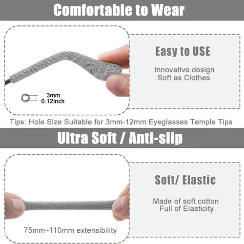 Vista 3 de 2 pares de agarraderas extendidas para orejas de anteojos, cojín de brazo de algodón de punto suave mejorado para anteojos detrás de la oreja