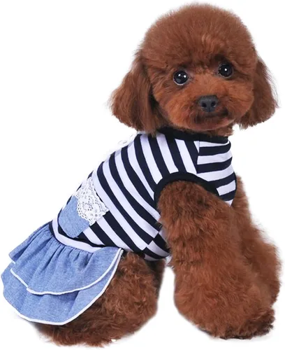 Vista 4 de Vestidos de perro para perros pequeños, chihuahua, vestido de mezclilla para mascotas, lindas faldas de camiseta a rayas, faldas de princesa Yorkie