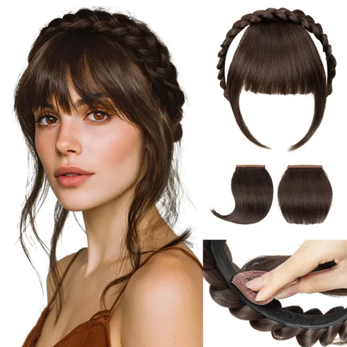 Vista 20 de SARLA Diadema trenzada con 3 flequillos desmontables con clips, extensiones de cabello con flequillo para mujer, banda de cabello sintética falsa