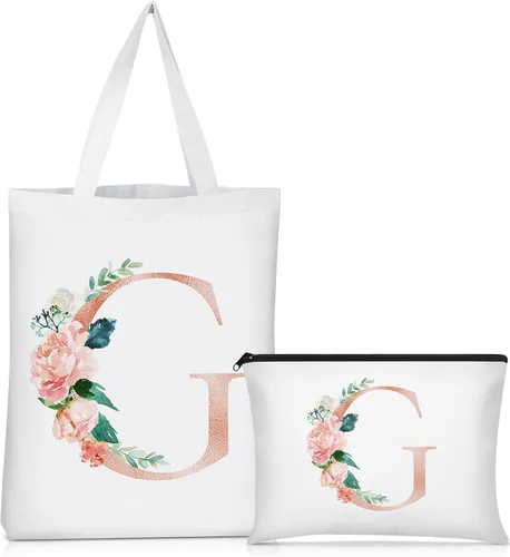 Vista 8 de Sanwuta 2 bolsas de lona con inicial, diseño floral con letras florales, bolsas de cosméticos de viaje, bolsas con monograma para mujer, mujer
