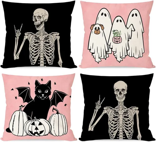 Vista 9 de PANDICORN Juego de 4 fundas de almohada de Halloween de 16 x 16 pulgadas, diseño de esqueleto de gato negro, perro, fantasma, calabaza, decoración