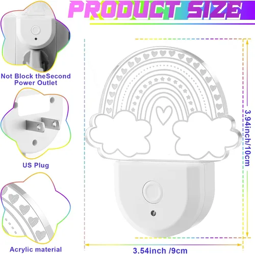 Vista 2 de Rossesay 2 luces nocturnas arcoíris para niños, enchufables a la pared, 8 colores cambiantes, luz nocturna arcoíris con sensor de atardecer a