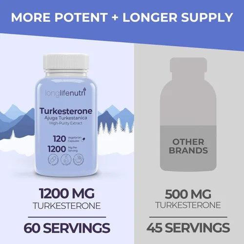 Vista 3 de LongLifeNutri Turkesterone 1200mg - Ajuga Turkestanica de alta pureza para fuerza, recuperación y crecimiento muscular, 120 cápsulas vegetarianas