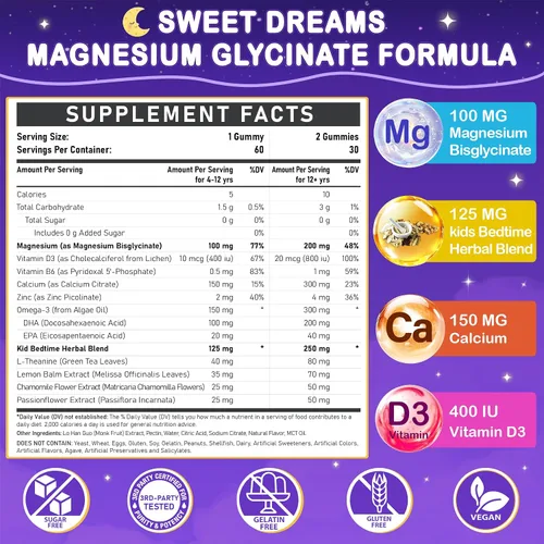 Vista 2 de Gomitas de glicinato de magnesio para niños mayores de 4 años: gomitas de bisglicinato de magnesio sin azúcar con manzanilla, L-teanina, bálsamo