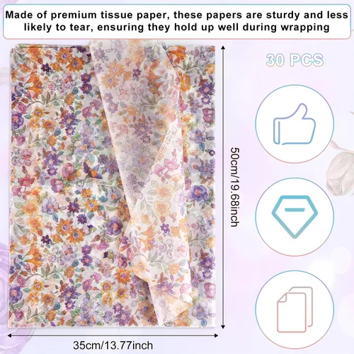 Vista 2 de 30 piezas de papel de regalo estampado de flores, 13.77 x 19.68 pulgadas, papel de seda floral morado, paquete de regalo, papel de seda
