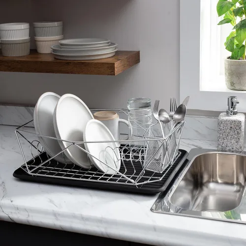 Vista 6 de Kitchen Details Geode Deluxe - Escurridor de platos con tabla de drenaje, cesta para cubiertos, soporte para utensilios, marco de hierro, cromado