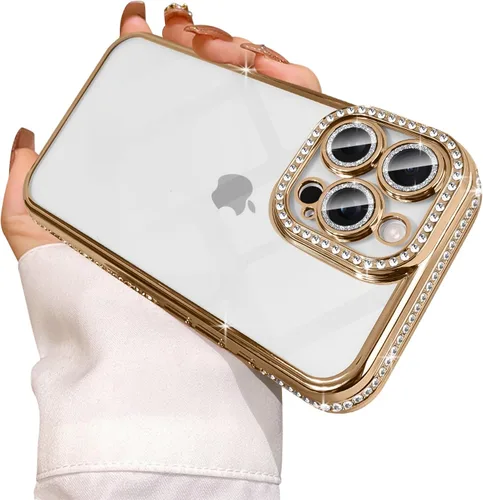 Vista 35 de Funda compatible con iPhone 11 Pro Max con protector de lente de cámara de diamante con purpurina, bonita funda de cristal transparente a prueba