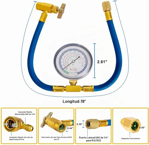 Vista 2 de Kit de recarga de refrigerante R134a, kit de manguera de recarga de CA con manómetro, manguera de recarga de grifo de freón R134a con acoplador
