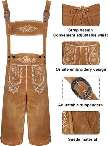 Vista 4 de Toulite Juego de 6 piezas de disfraz alemán de Oktoberfest para hombre, Lederhosen, camisa, sombrero, calcetines, jarra de cerveza para festival
